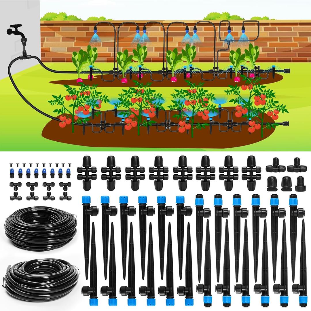Bonviee Drip Irrigation System, 230FT Garden Watering System with Quick-to-Connect Fittings, Adjustable Drip Emitters, 1/4 & 5/16 Tubing, Drip Irrigation Kit for Raised Garden Beds, Greenhouse, Lawn