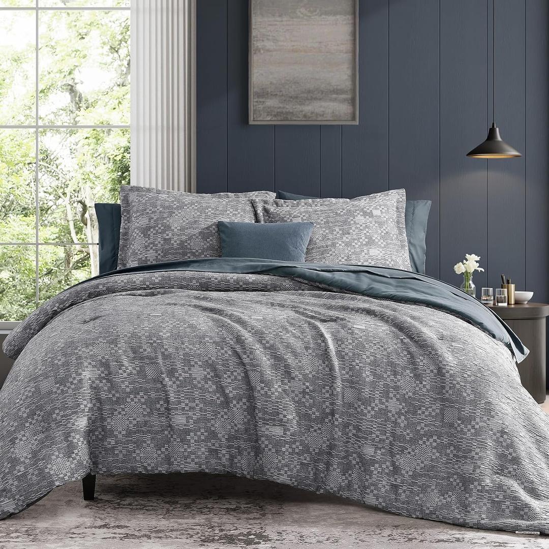 MaiRve King Comforter Set Navy Blue, Crinkle Textured Design Bedding Set 7 Pieces Bed in A Bag, All Season Farmhouse Comforter Set with Sheets, Pillowcases & Shams
