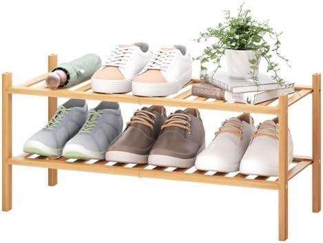 BMOSU 2-Tier Bamboo Shoe Rack Premium Stackable Shoe Shelf Storage Organizer for Hallway Closet Living Room Entryway Organizer (Natural Bamboo)