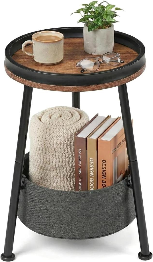 LEMONDA Small Round Side Table with Storage Basket, 11.8" Compact End Table with Tray Top & Fabric Bin, Rustic Wood Bedside Nightstand for Living Room, Bedroom, Small Spaces