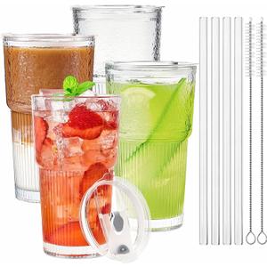 TUZAZO 20 Oz Glass Tumblers with Lids and Straws - 4 Pack Embossed Glass Iced Coffee Cup with Straw and Lid, Thicken Glasses, Ideal for Smoothieds, Cocktails, and Juices