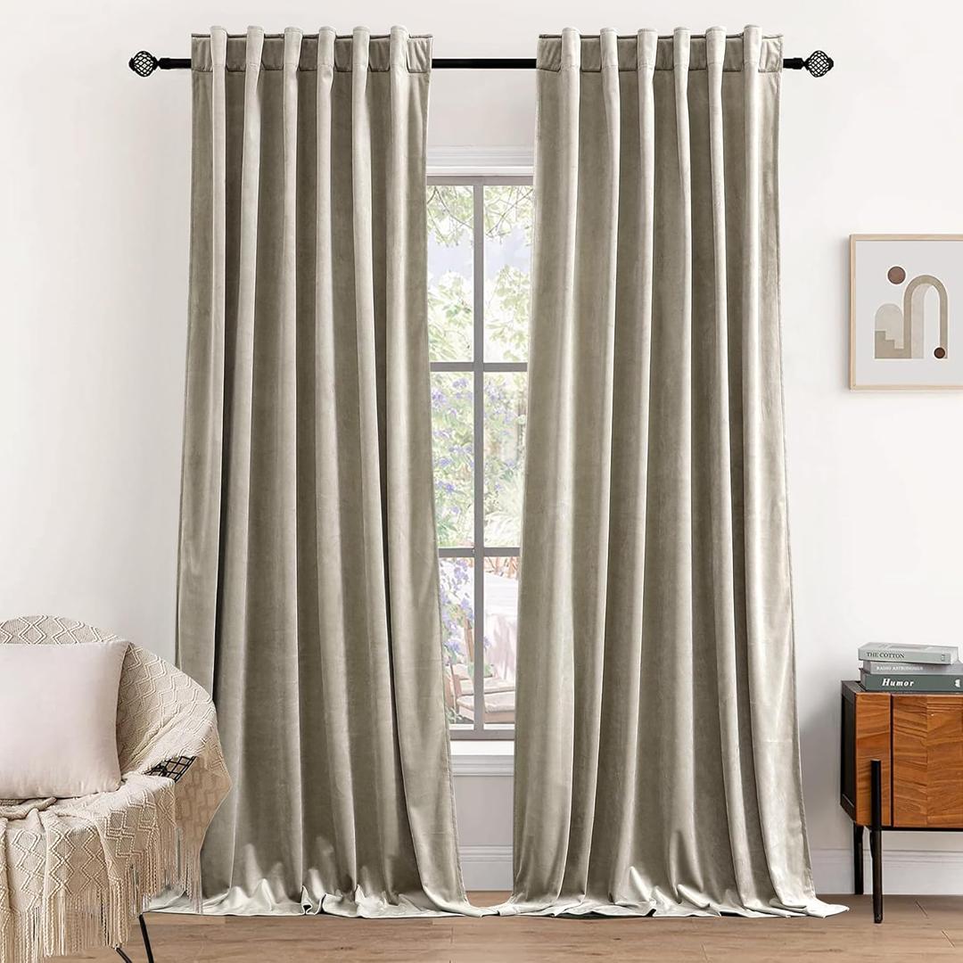 Dchola Beige Velvet Curtains for Bedroom Window with Back Tab, Super Soft Vintage Luxury Heavy Drapes, Room Darkening Thermal Insulated Curtain for Living Room, W52 by L90 inches, 2 Panels