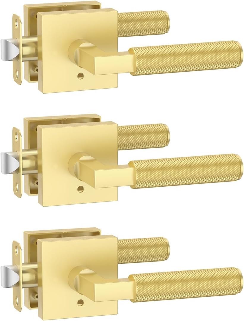 Amerdeco 3 Pack Privacy Door Handles - Brushed Gold Interior Lever, Knurled Heavy Duty for Bedroom and Bathroom, Reversible Keyless for Right & Left Side AM0021