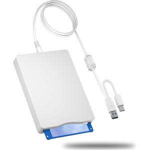 USB Floppy Drive, 3.5" External USB & Type-C Floppy Disc Reader, External Floppy Disk Drive Portable 1.44 MB Plug and Play FDD for PC Windows XP 7 8 10 11(White)