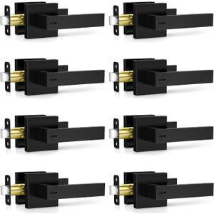 Plustool 8 Pack Matte Black Door Handles Interior, Keyless Interior Door Knobs, Privacy Door Locks for Bedroom Bathroom, Heavy Duty Square Door Lever Locksets, Reversible for Left&Right Handled Doors