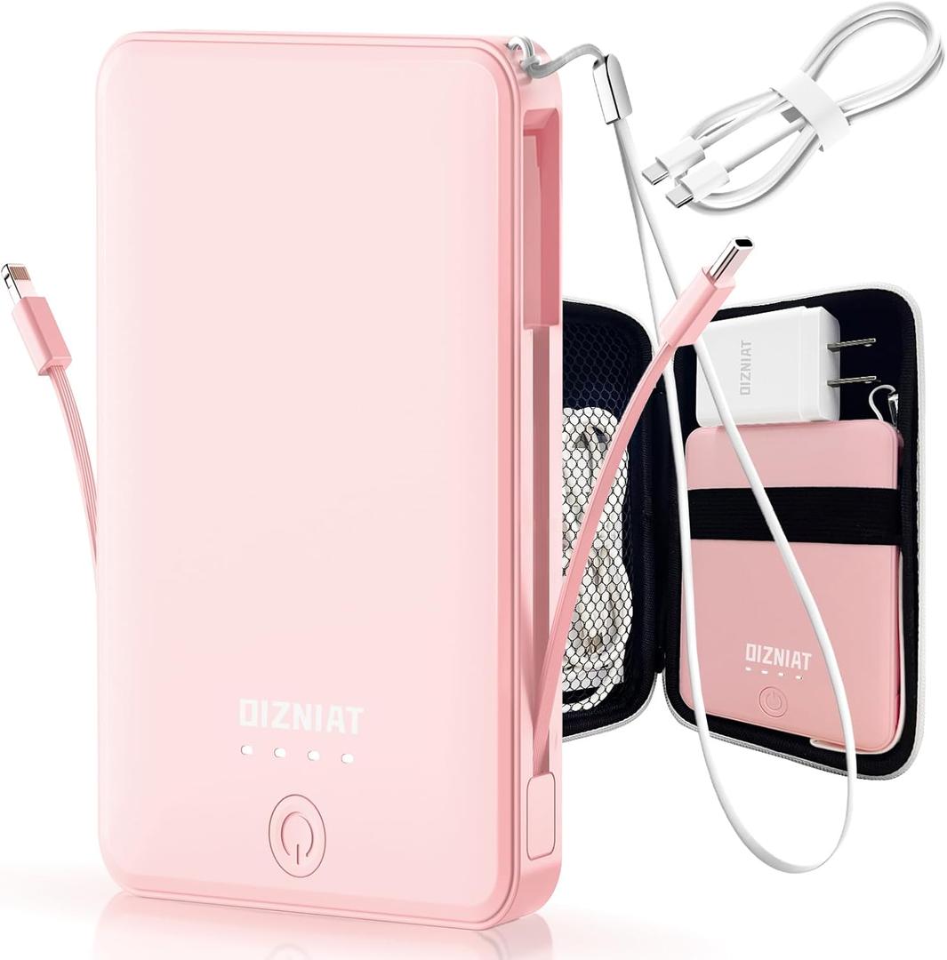 Portal Charger,10000mAh Portable Charging Bank w/Built-in Cable | 4 Outputs & 2 Inputs Slim Phone Charger Tsa Aproved Power Bank,Travel Essentials Battery Pack for iPhone, Samsung, Android Phones (Pink)
