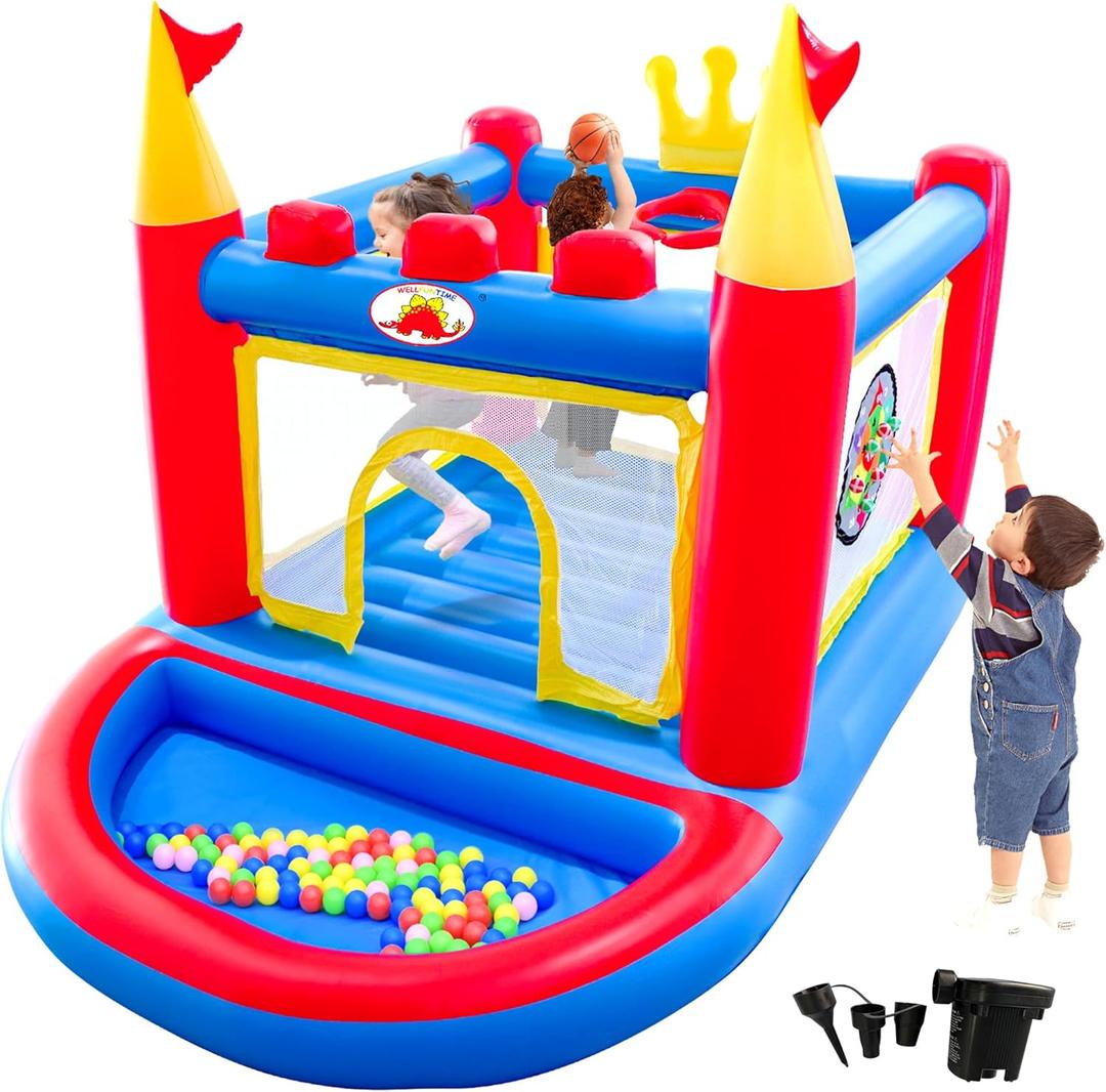 WELLFUNTIME Inflatable Bounce House with Blower, PVC Bouncer for Kids Ages 3-8, Indoor and Outdoor Bouncy Playhouse, Jumping Castle with Pump, Ball Pit, Ringtoss and Target Game, Bouncer for 3 Kids, 70 inches x 65 inches x 98 inches