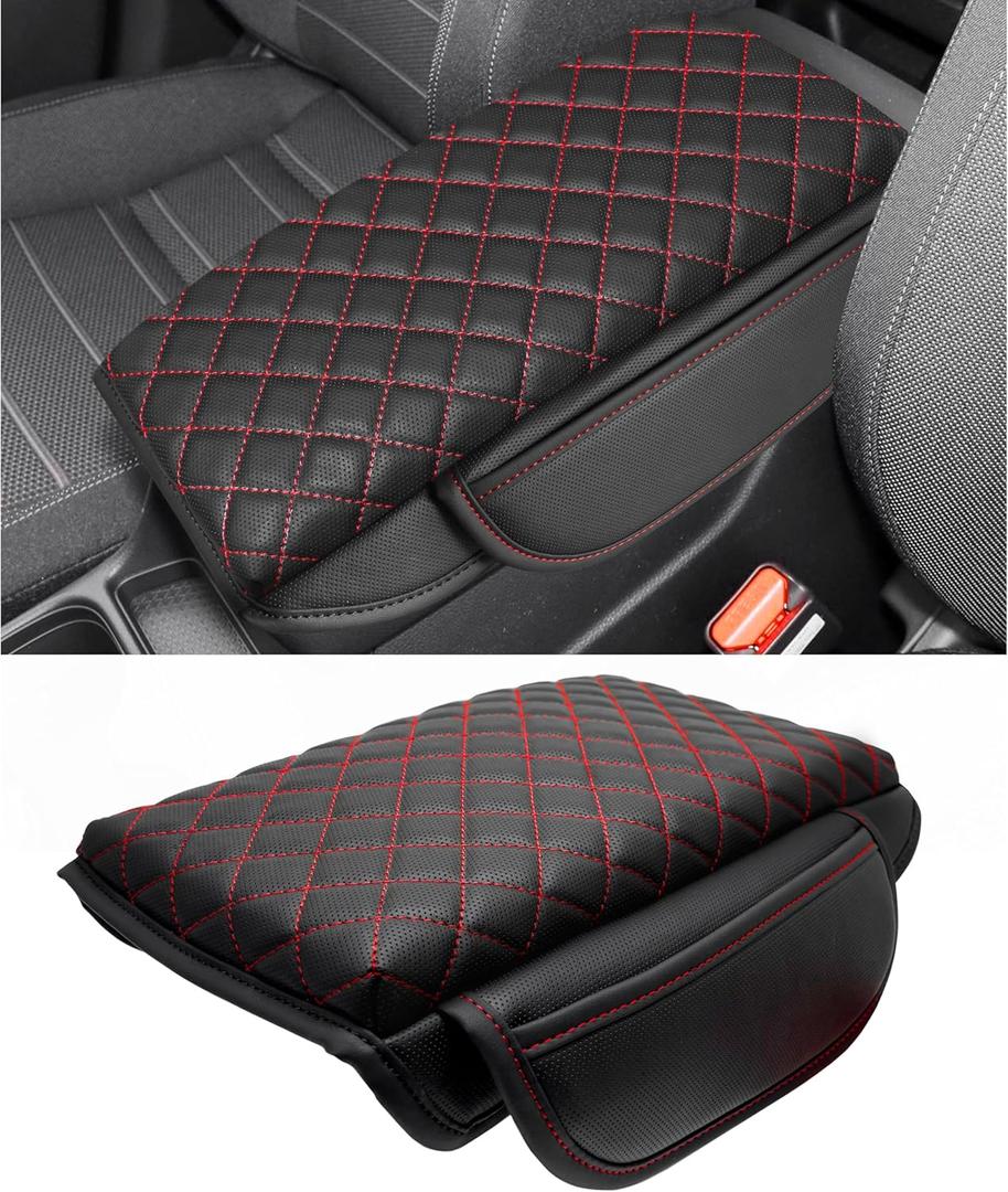1.2in Thickness Center Console Cover for Honda CRV Accessories 2023 2024 2025 2026 Middle Console Cover Leather Armrest Box Lid Protector Cushion Pad with Pockets Interior (Red Stitch)