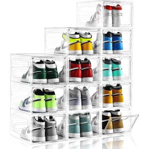 12 Pack Large Shoe Storage Box, Clear Shoe Storage Organizer with Magnetic Door, Stackable,Shoe Containers For Display Sneakers, Easy Assembly, Fit up to US Size 12, Clear
