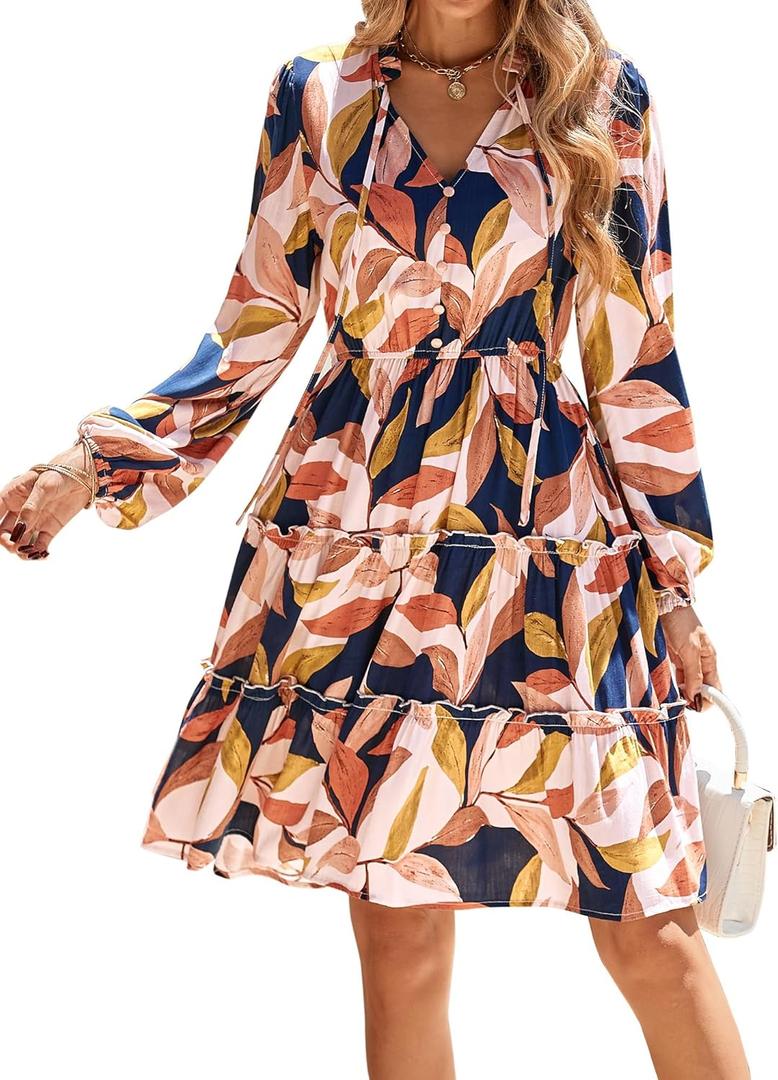 BTFBM Women Fall Dresses 2026 Floral V Neck Long Sleeve Tiered Ruffle Boho Swing Flowy A-Line Mini Dresses Vacation, Small