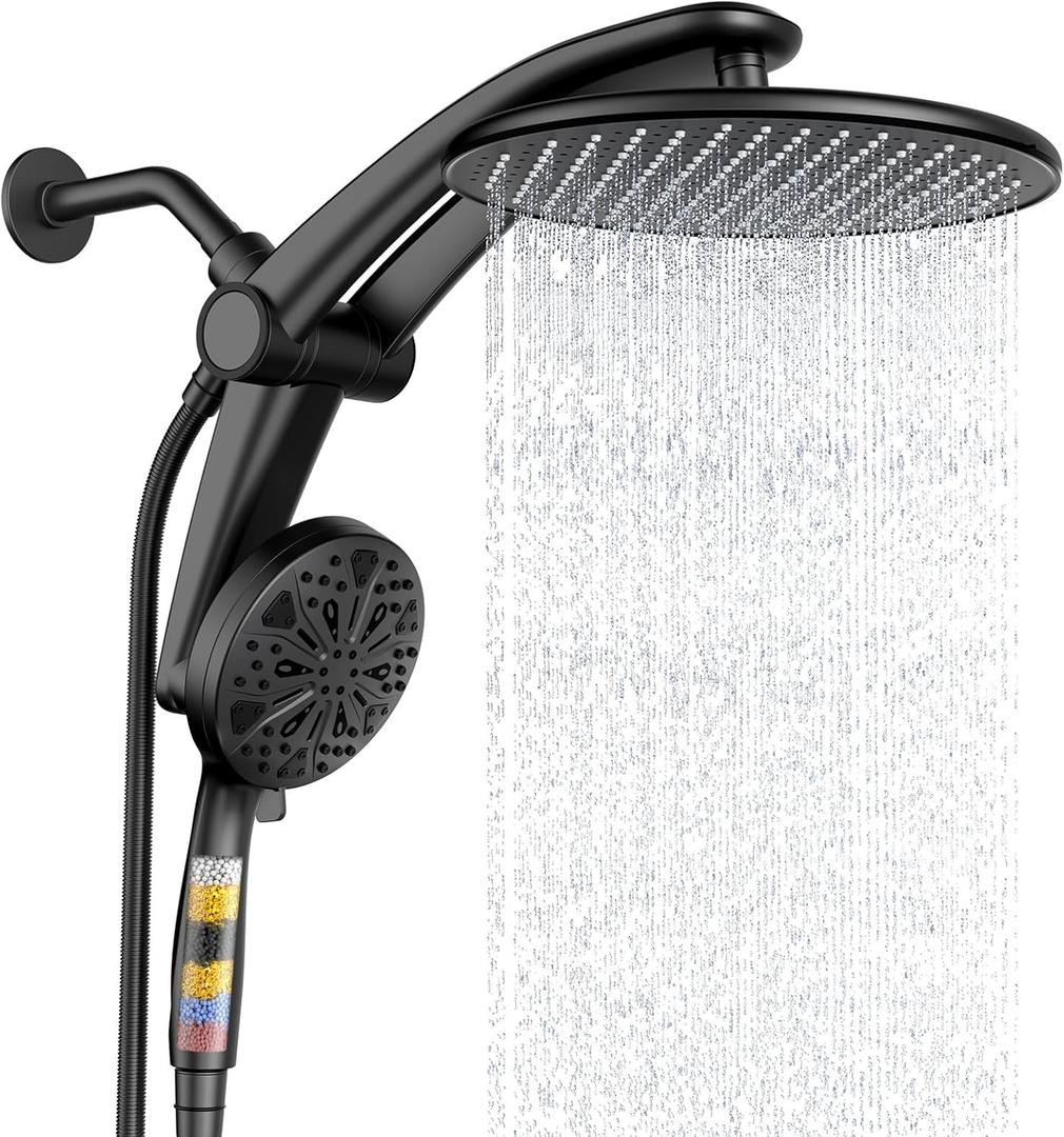 Shower Head with filtered Handheld High Pressure daul Shower Heads with Handheld Spray Combo and 10 Sprays Handheld Shower Head Detachable Shower head Built-in Magnetic Docking and Power Jets Black