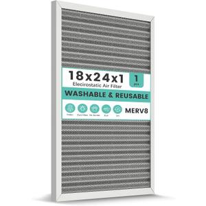 18x24x1 Reusable Air Filter, Washable, Electrostatic HVAC AC Furnace Filter, Merv 8, Lasts a Lifetime, Breathe Safe at Home or in the Office (Actual Size:17.44x23.46x0.82 Inch)