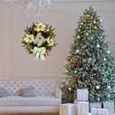 22 Inch Pre-Lit Artificial Christmas Wreath with White Artificial Poinsettia Flowers Jesus Figurine Nativity Scene Glitter Ball Ornaments PineCones Berries for Christmas Decor Front Door