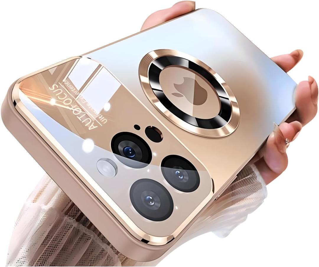 Magnetic Series Design for iPhone 13 Pro Max Case,[Compatible with MagSafe][Military Drop&Full Camera Lens Protector] Large Window Logo View Dust-Proof Matte Shockproof Cover,Gold