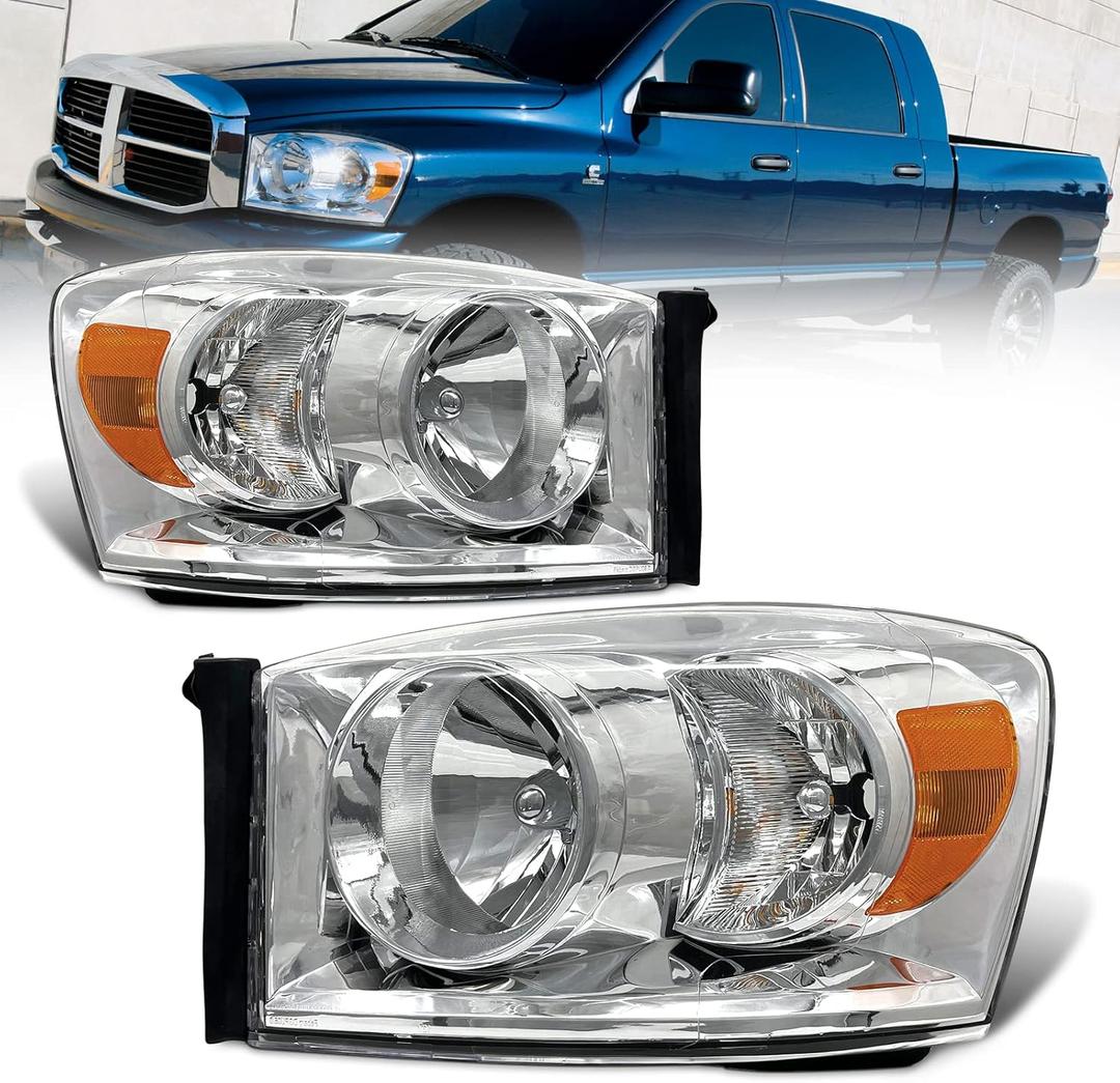 AS Headlight Assembly Compatible with 2006 2007 2008 Dodge Ram 1500/2006-2009 Dodge Ram 2500 3500 Chrome Housing Amber Reflector Driver Passenger Side