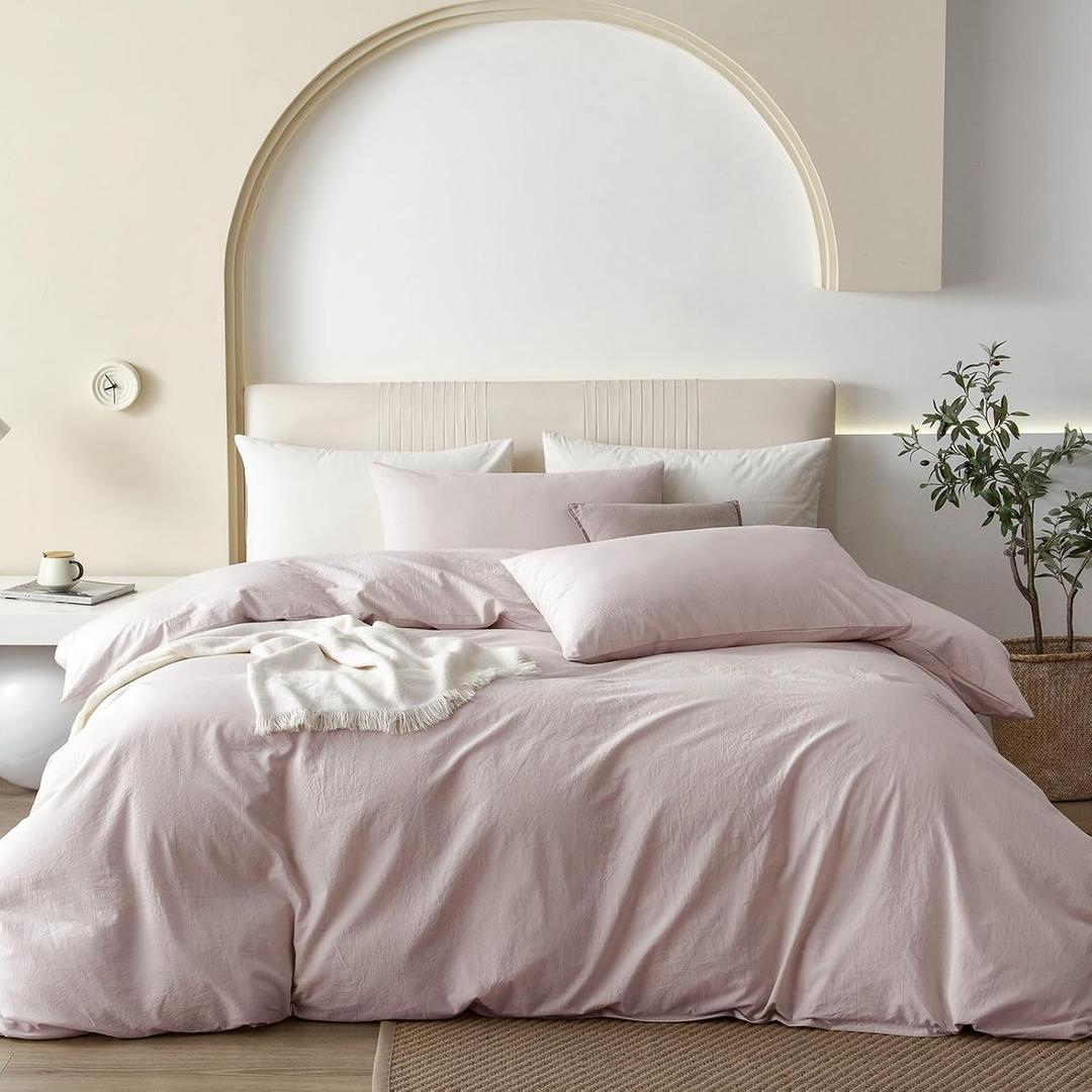 JIYUAN Queen Size Duvet Cover Set, 3-Piece - 100% Washed Cotton, Linen-Like Soft & Breathable with Zipper Closure, Includes 90x90 Inch Cover & 2 Pillowcases, Heathered Greyish Pink