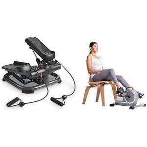 Sunny Health & Fitness 2-in-1 Premium Power Stepper with Resistance Bands + Magnetic Under Desk Mini Exercise Cycle Bike, with Digital Monitor and Carrying Handle