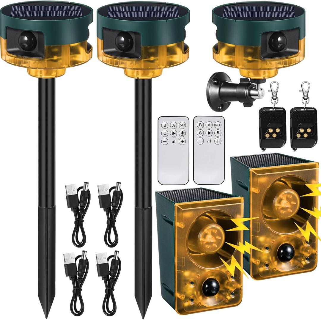 Qualirey 4 Pack Solar Outdoor Motion Sensor Alarm in 2 130db Loud Noise Maker Support Recording, Strobe Light Multiple Mode with Remote Control and USB Charging Cable (Yellow)
