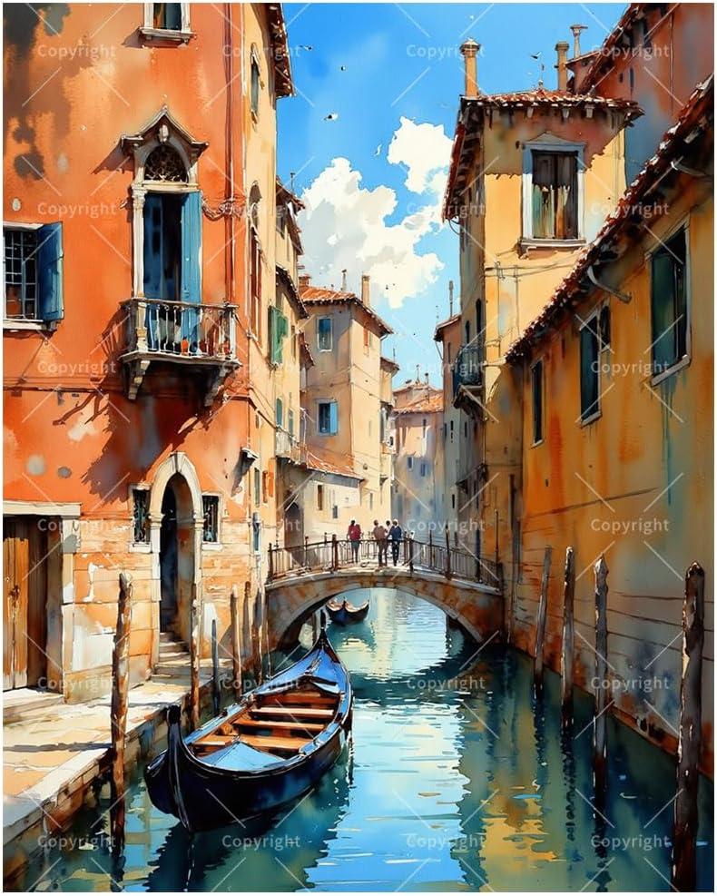 Cityscape Paint by Numbers Kit for Adults - DIY Venice Canal Painting on Canvas, Acrylic Paint Set, Suitable for Beginners, Travel Art for Home Decoration or Gifts(16X20IN Framed)