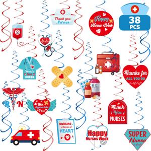 Nurses Week Decorations, 38PCS Nurses Hanging Swirls Decorations 2026, Blue Red Swirls School RN Nurse Graduation Decor, Happy Nurses Week Appreciation Swirls for Nursing Graduation Party Supplies