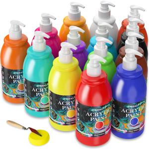 unuaST Acrylic Paint Sets for Adults, 14 Colors Large Bulk Acrylic Paints kits Rich Pigment Art Painting Supplies for Artists/Beginners, Paint Sets for Canvas with Pump, Color Wheel (10oz/300ml) (Clear)