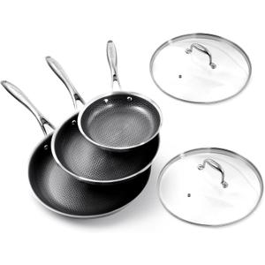 Deluxe 5pc Hybrid Nonstick Frying Pans Set with Lids, 8, 10 & 12" Pans | Ceramic Nonstick,Stay-Cool Handle, Dishwasher Oven Safe, for All Stovetops Induction for Home Daily Cooking (Black)