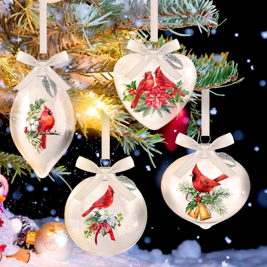 4 Pcs Cardinal Bird Glass Christmas Tree Ornaments Red Bird Hand Painted Cardinal Blown Glass Christmas Ornaments Balls with Feather for Xmas Tree Memorial Gifts(Elegant Style)