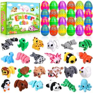 24 Pack Prefilled 3D Printed Animals with Easter Eggs Set Easter Day Gift Figurines Gifts Toys for Kids Basket Stuffers Classroom Prizes Exchange Party Favors