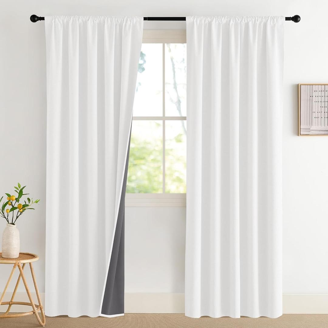 NICETOWN 2 Panels Greyish White Linen 100% Blackout Curtains for Bedroom Living Room - 52 x 80 Inch Rod Pocket Window Drapes - Thermal Insulated Room Darkening Curtain Modern Farmhouse Style
