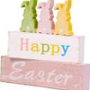 Wooden Easter Bunny Sign Decorations, 5 Piece Happy Easter Blocks for Tiered Tray, Table Centerpiece, Mantel Home Decor