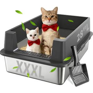 Stainless Steel Litter Box with Lid, XXXL Metal Litter Boxes for Big Cats and Kitten, Three Extra Large High Sided Littter Box,Odorless,Non-Stick,Easy Cleaning,Scoops Included (1, XXXL)