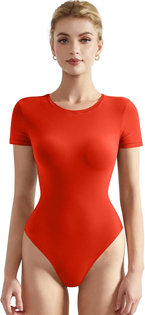SUUKSESS Women Crew Neck Short Sleeve Thong Bodysuit Shirts Basic Top (Medium, 01 Red)