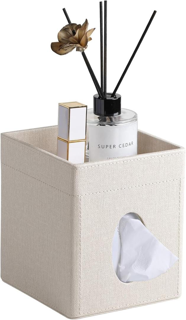 Tissue Box Cover, PU Leather Square Tissue Box Holder with Storage Tray for Bathroom Vanity Countertop Night Stands Bedroom Office Desk, Stylish Tissue Holder Decorative Organizer (Linen)
