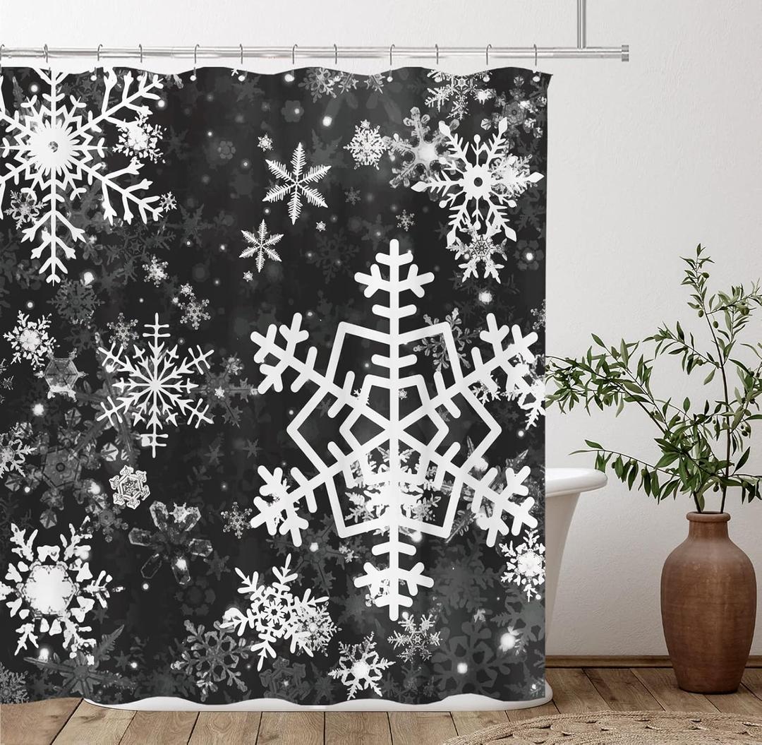 Tititex Merry Christmas Snowflake Shower Curtain Set, Happy Holiday Winter Black White Bathroom Decorative Winter Waterproof Fabric 71x71 Inch with 12 Hooks