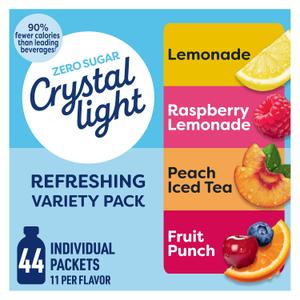 Crystal Light Refreshing Drink Mix Variety Pack, 44 Packets, for Convenient Hydration, Lemonade, Raspberry Lemonade, Peach Iced Tea, Fruit Punch, Natural and Artificial Flavor, Zero Sugar, 4.18 oz (EXP 11/07/27)