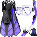 Zenoplige Mask Fins Snorkel Set, Snorkeling Gear for Adults, Panoramic View Snorkel Mask Anti-Fog, Adjustable Dive Flippers, Dry Top Snorkel and Travel Bag, Scuba Gear for Swimming Snorkeling Diving (Small-Medium, Transparent Purple)