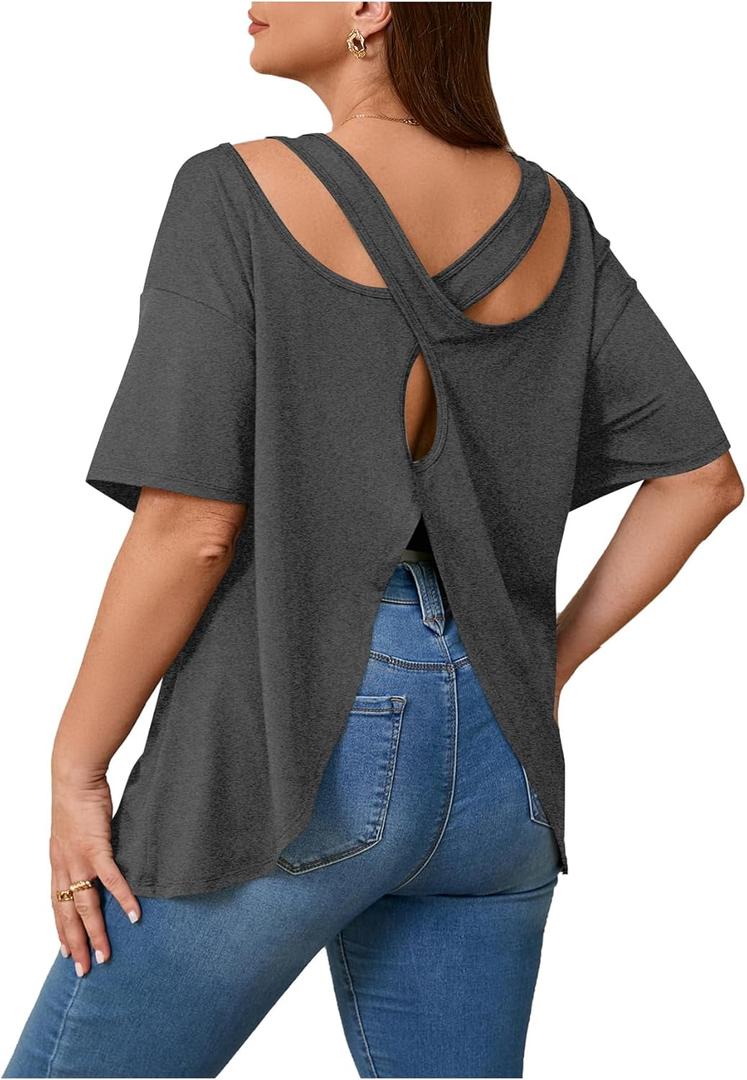 RoseSeek Women's Plus Size Cut Out Criss Cross Back Tee Open Back Short Sleeve Crew Neck Athletic Workout Tops (Gray)