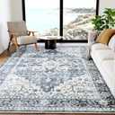 AMADA 6x9 Washable Area Rug for Dining Room, Blue, Vintage Pattern