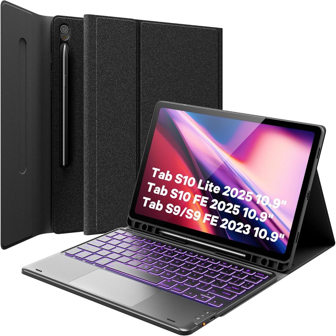 GreenLaw Case with Keyboard for Galaxy Tab S10 Lite/ S10 FE /S9 FE 5G 10.9 /S9 11 Inch, 7 Color Backlit Touchpad Keyboard with Pencil Holder, Magnetic Detachable, Black
