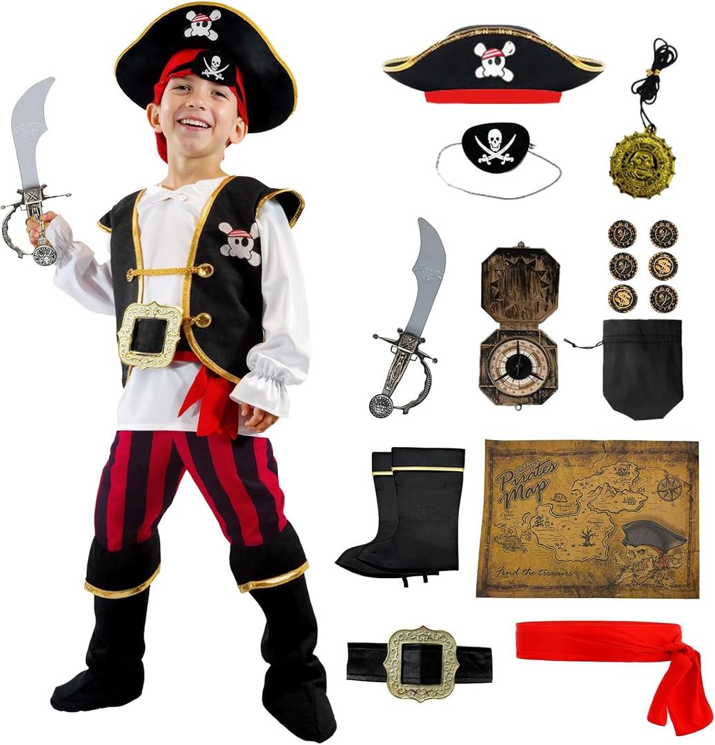 VEXOOM Pirate Costume for Kids,Halloween Boys Pirate Outfit with Accessories Cosplay Party Dress Up Themed Party (Small(5-7 yrs))