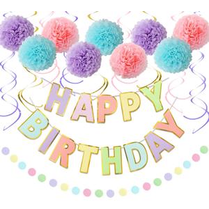 Macaron Birthday Decorations - 20-Pc Set with Pre-Strung Happy Birthday Banner, Tissue Paper, Garland, Swirls | Pastel Party Supplies for Women Girls Baby Shower, Adults Birthday Party Decor (Macron)