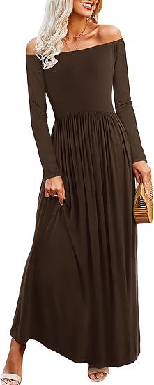 Amoretu Dresses for Women Long Sleeve Off Shoulder Maxi Flowy Casual Loose Plain Dress with Pockets, Size M
