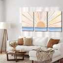 3Pcs Framed Boho Canvas Wall Art Sun Sunrise Yellow Line Pictures Prints Wall Decor Modern Mid Century Rainbow Posters Nature for Living Room Bedroom Bathroom Office Home Decoration16x24inx3