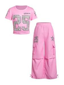 RoseSeek Girl's 2 Piece Summer Outfits Short Sleeve Ruched Basic Tess and Camo Cargo Pants Sets Trendy Pure Pink 12Y