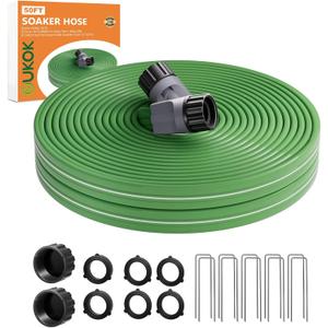 50 FT Water Saving Flat Soaker Hose with 20 Stakes for Garden Lawn - Durable Irrigation Tubing with Multi Directional Sprinkler Spray Up to 8 FT Range