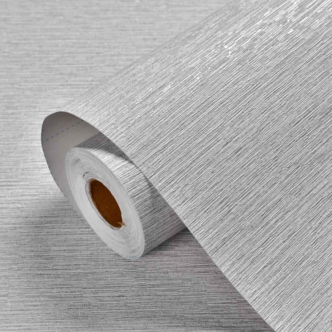 Haimin Grasscloth Wallpaper Peel and Stick 20.9in X 393in Fabric Contact Paper Wall Paper Textured Wallpaper Horizontal Stripes Look Self-Adhesive Thick Vinyl Embossed (Grey White)