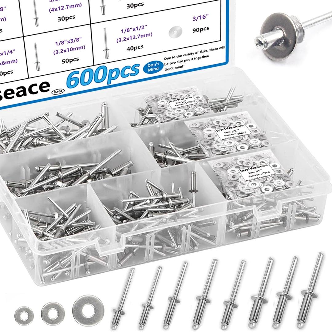304 Stainless Steel Pop Rivets with Backup Rivets Washers Assortment Kit