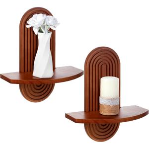 Suzile 2 Pcs Arched Boho Wooden Wall Shelves Mid Century Shelves Walnut Holders Hanging Wood Wall Mount Rainbow Shelf Rustic Floating Shelf with 2 Hook for Plant Book Bedroom Bathroom Nursery