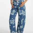D-Sun Women Printed Barrel Jeans Casual Low Rise Floral Printed Cropped Wide Leg Denim Pants Boyfriend Baggy Jean with Pocket (Blue)