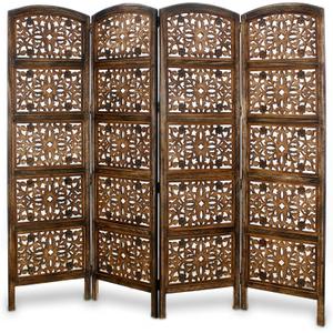 Room Divider Wood Screen - Rajasthan Antique Brown - 4 Panel Folding 72 x 80 - Intricate Hand Carved Decorative Functional Versatile Portable Partition Reversible Freestanding Privacy - COTTON CRAFT